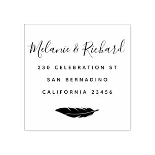Custom Wedding Names Elegant Script & Feather Rubber Stamp