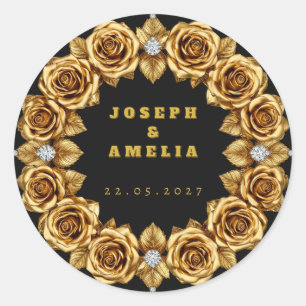 Custom Wedding Names Gold Monogram Black Classic Round Sticker