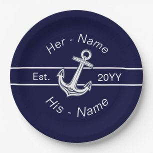 Custom Wedding Nautical Anchor Navy Blue Paper Plate