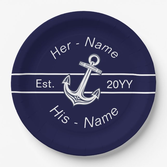 Custom Wedding Nautical Anchor Navy Blue Paper Plate (Front)