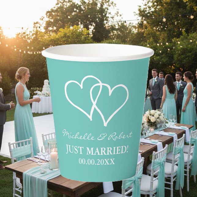 Custom wedding party cups with interlocking hearts (teal wedding party cups)
