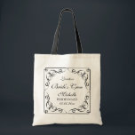 Custom wedding party tote bags for bride's crew<br><div class="desc">Cute personalised wedding tote bags for brides entourage. Custom elegant vintage wedding favour tote bags with ornate swirls. Pretty black and white design with elegant script typography and swirly corners. Personalise with name or monogram of bride and bride's crew; bridesmaid, maid of honour, maidofhonor, mother of the bride, flower girl,...</div>