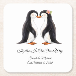 Custom Wedding Penguin Couple Square Paper Coaster