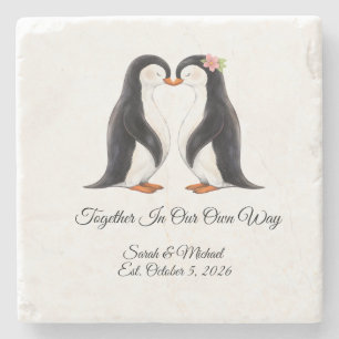 Custom Wedding Penguin Couple Stone Coaster