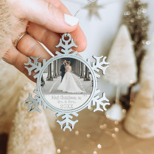 Custom Wedding Photo First Christmas as Mr & Mrs Snowflake Pewter Christmas Ornament