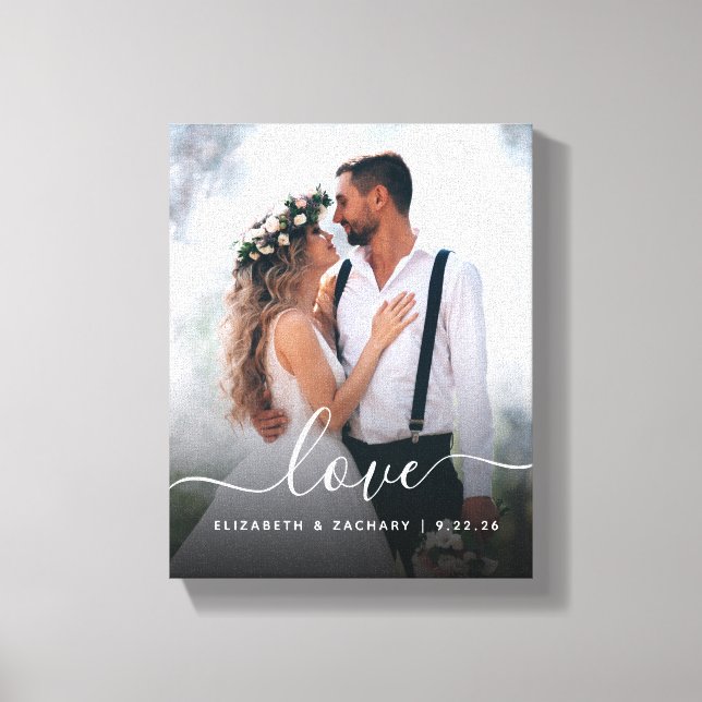 Custom Wedding Photo Love White Script Canvas Print (Front)