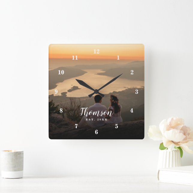 Custom Wedding Photo Monogrammed Square Wall Clock (Home)