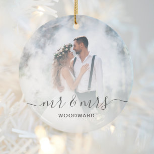 Custom Wedding Photo Mr and Mrs Gray Script Ceramic Tree Decoration