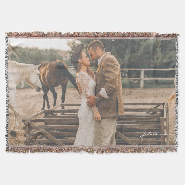 Custom Wedding Photo Newlyweds Boho Woven Fringe Throw Blanket (Front)