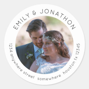 Custom Wedding Photo Return Name Address White Classic Round Sticker