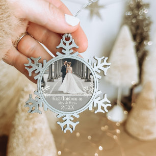 Custom Wedding Photo Silver First Christmas Mr & M Snowflake Pewter Christmas Ornament