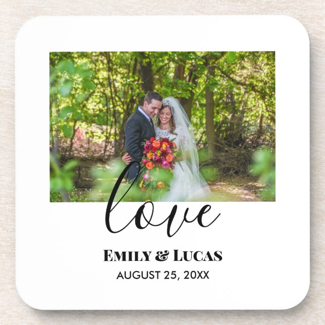 Custom Wedding Photo Simple Elegant Calligraphy Coaster (Front)