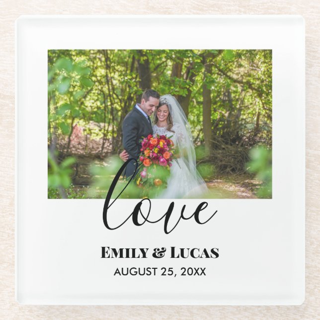Custom Wedding Photo Simple Elegant Calligraphy Glass Coaster (Front)