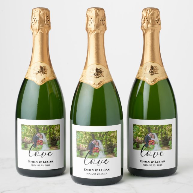 Custom Wedding Photo Simple Elegant Calligraphy Sparkling Wine Label (Bottles)