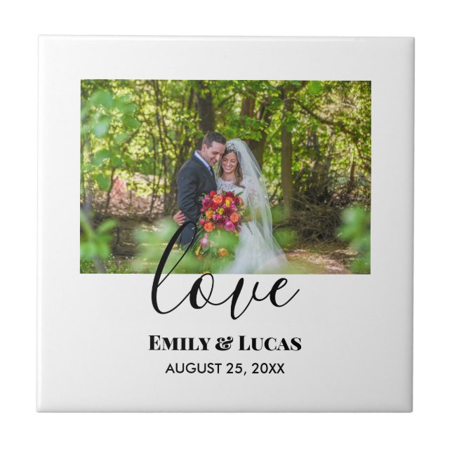 Custom Wedding Photo Simple Elegant Calligraphy Tile (Front)