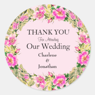 Custom Wedding Pink Floral Thank You Classic Round Sticker