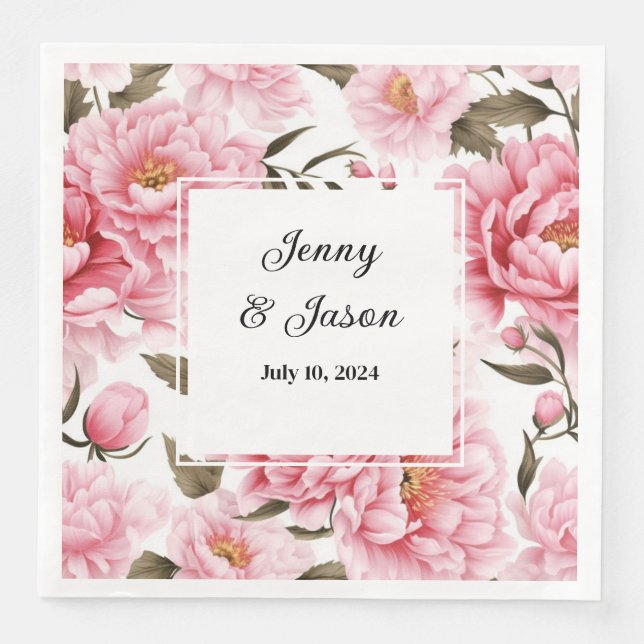 Custom Wedding Pink Peonies Paper Napkins (Front)