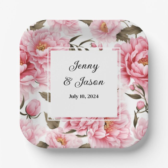 Custom Wedding Pink Peonies Paper Plates (Front)