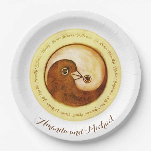 CUSTOM WEDDING PLATE 9" Gold YinYang doves Harmony (Front)