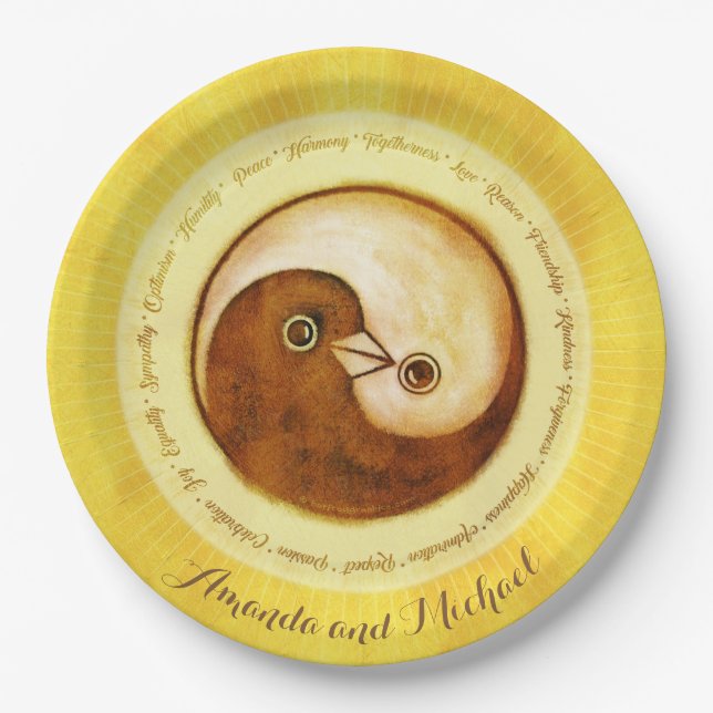 CUSTOM WEDDING PLATE 9" Gold YinYang doves Harmony (Front)