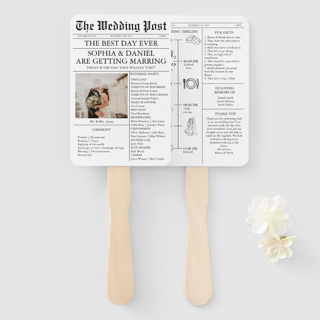 Custom Wedding Program Timeline Fan with Newspaper (Front and Back)