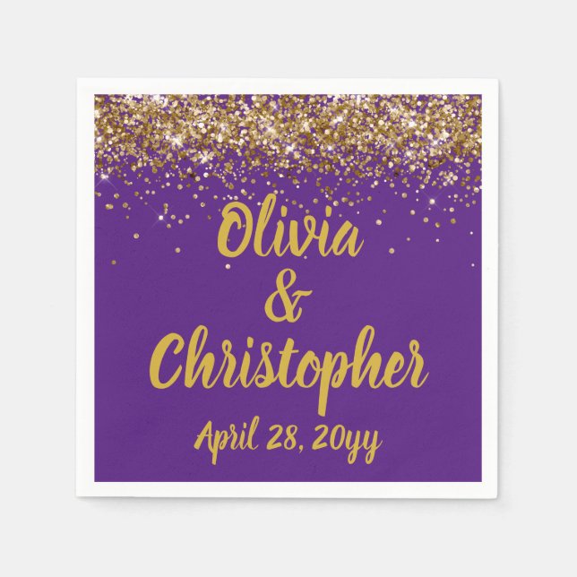 Custom Wedding Reception Purple Gold Personalised Napkin (Front)