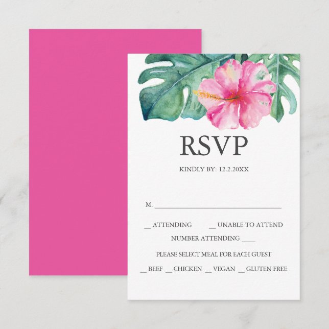 Custom Wedding RSVP Cards Pink Hibiscus (Front/Back)