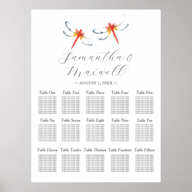 Custom Wedding Seating Chart Watercolor Dragonfly (Front)
