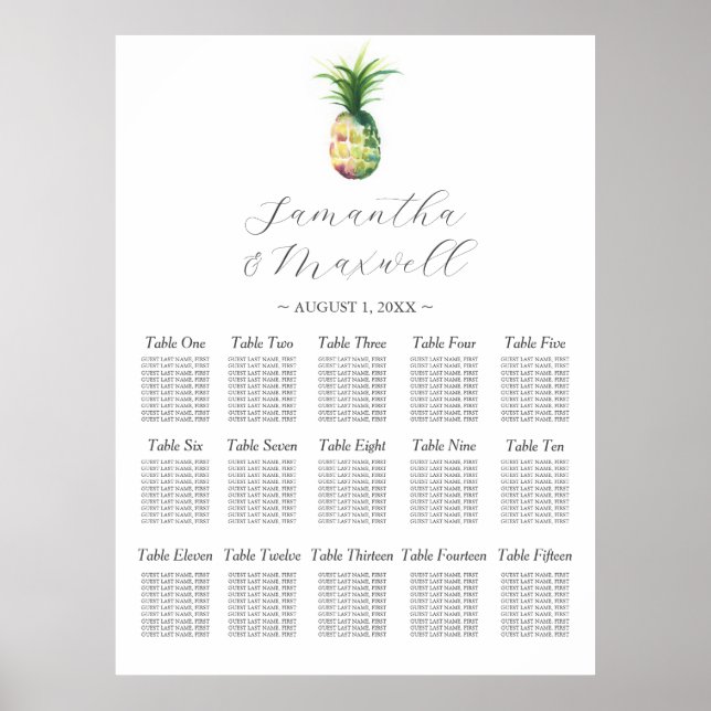 Custom Wedding Seating Chart Watercolor Pineapple (Front)