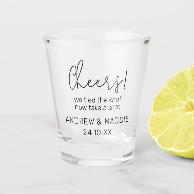 Custom Wedding Shot Glass Cheers We Tied the Knot (Front)