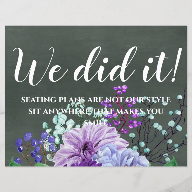 Custom Wedding Signs Chalkboard Purple Mint Floral (Front)