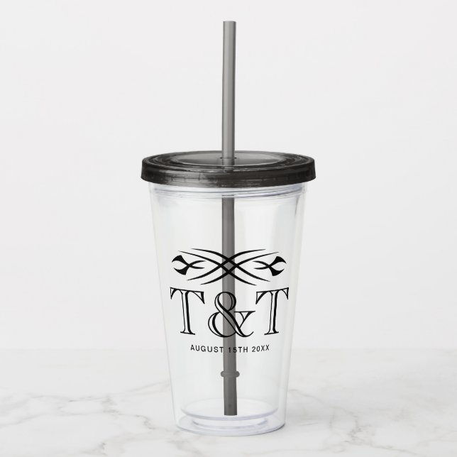 Custom wedding straw cup with black tattoo design (Front)