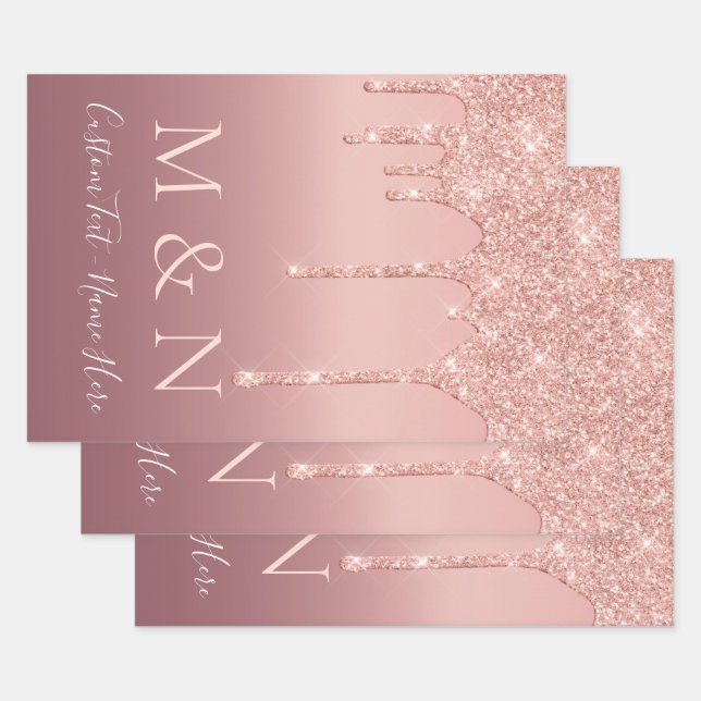 Custom Wedding Text Rose Gold Blush Sparkle Wrapping Paper Sheet (Set)