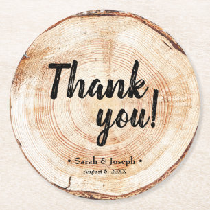 Custom Wedding Thank You Wood Grain Rustic Round Paper Coaster