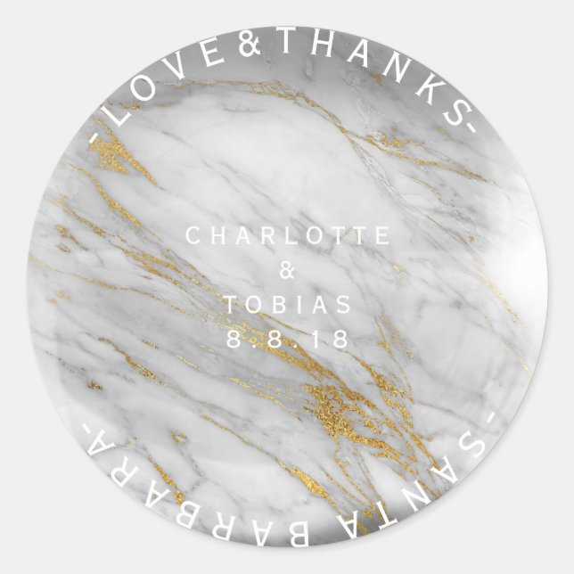 Custom Wedding Thanks Marble Gray White Glass Classic Round Sticker (Front)