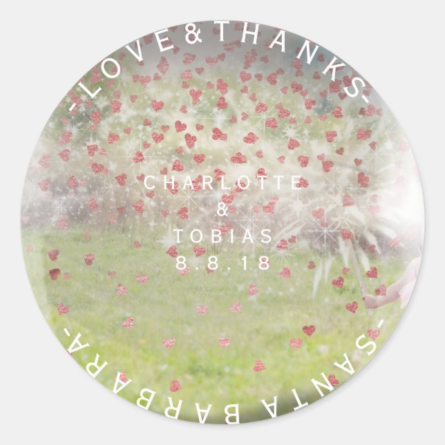 Custom Wedding Thanks Pink Rose Heart Rustic Classic Round Sticker (Front)