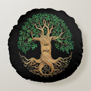 Custom Wedding Tree Carved Heart with Names Round Cushion