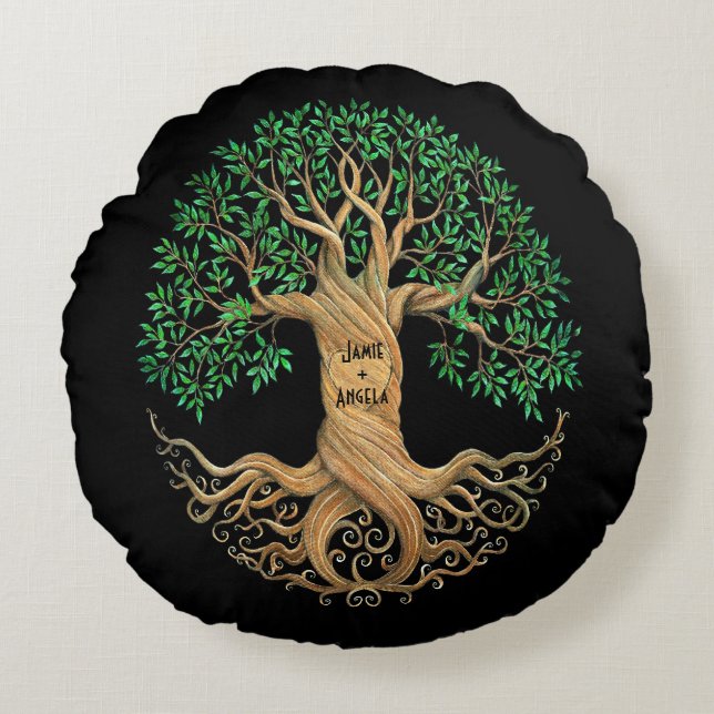 Custom Wedding Tree Carved Heart with Names Round Cushion (Front)