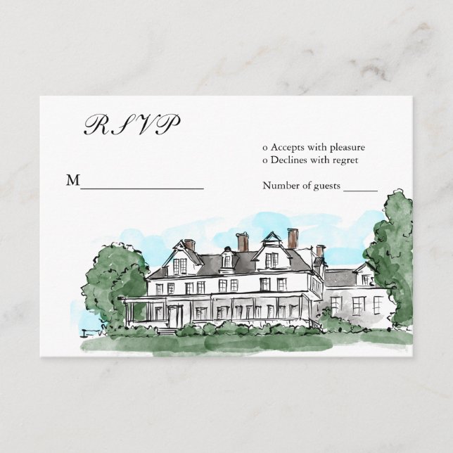 Custom Wedding Venue Mansion Illustration RSVP Enclosure Card (Front)