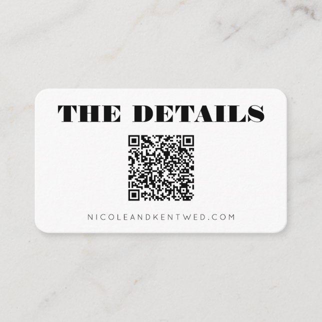 Custom Wedding Website Black White QR Code Details Enclosure Card (Front)