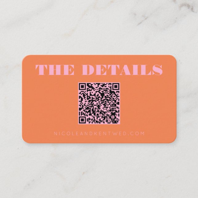 Custom Wedding Website Pink Orange QR Code Details Enclosure Card (Front)