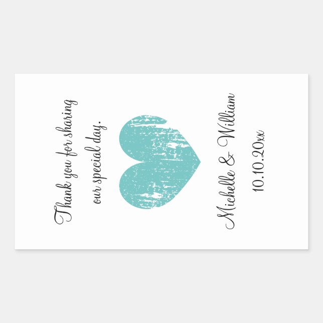 Custom wedding wine bottle sticker with aqua heart (Front)