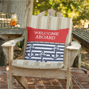 Custom Welcome Aboard Anchors Stripes Pattern Cushion