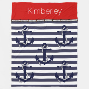 Custom Welcome Aboard Anchors Stripes Pattern Fleece Blanket