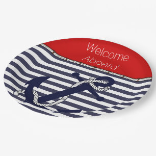 Custom Welcome Aboard Anchors Stripes Pattern Paper Plate