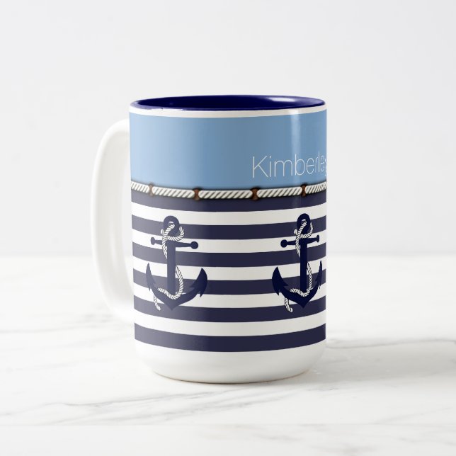 Custom Welcome Aboard Anchors Stripes Pattern Two-Tone Coffee Mug (Front Left)