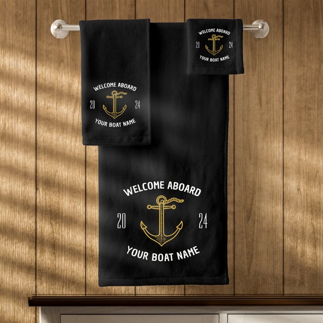 Custom Welcome Aboard Boat Name Black & Gold Bath Towel Set (Creator Uploaded)