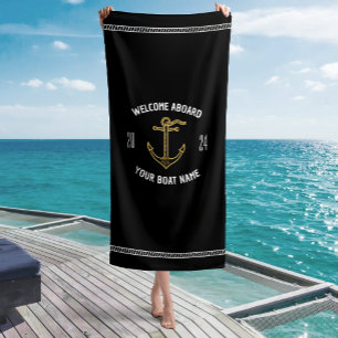 Custom Welcome Aboard Boat Name Black & Gold Beach Towel