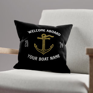 Custom Welcome Aboard Boat Name Black & Gold Cushion