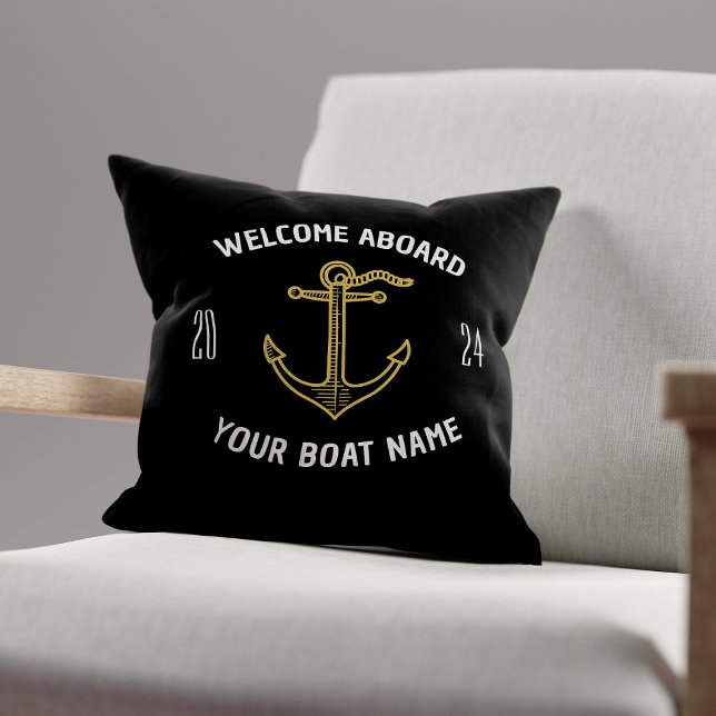 Custom Welcome Aboard Boat Name Black & Gold Cushion (Creator Uploaded)